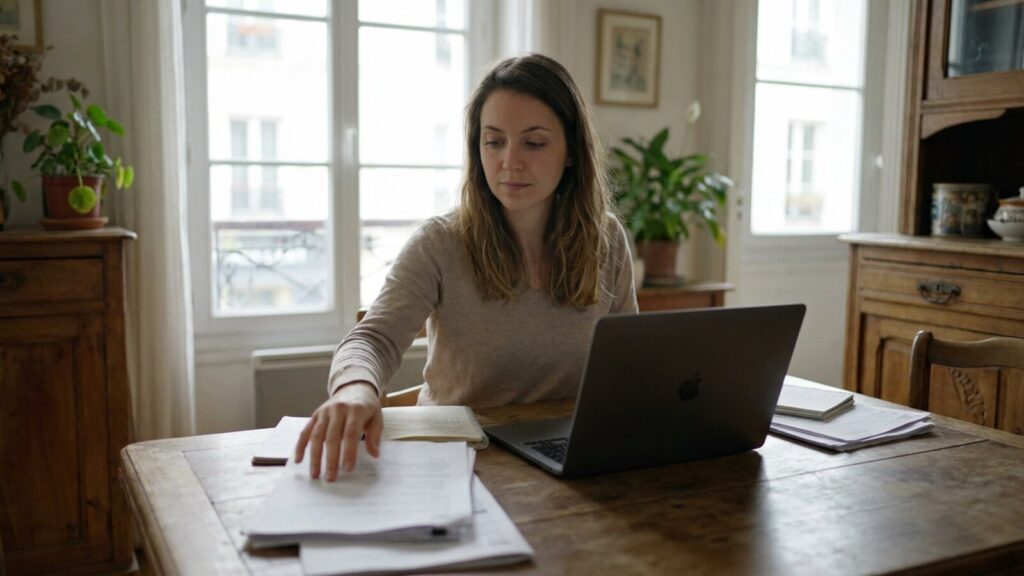 Jeune femme vérifiant son budget et ses aides au logement à la table de son appartement