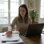Jeune femme vérifiant son budget et ses aides au logement à la table de son appartement