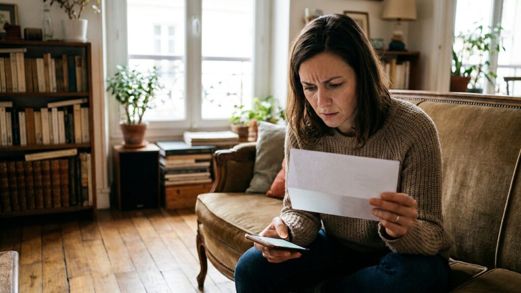 Femme inquiete lisant un courrier chez elle face a la hausse de l'assurance habitation