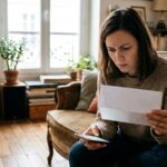 Femme inquiete lisant un courrier chez elle face a la hausse de l'assurance habitation