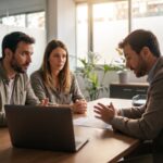 Un couple discute d'un credit immobilier avec un conseiller bancaire dans un bureau