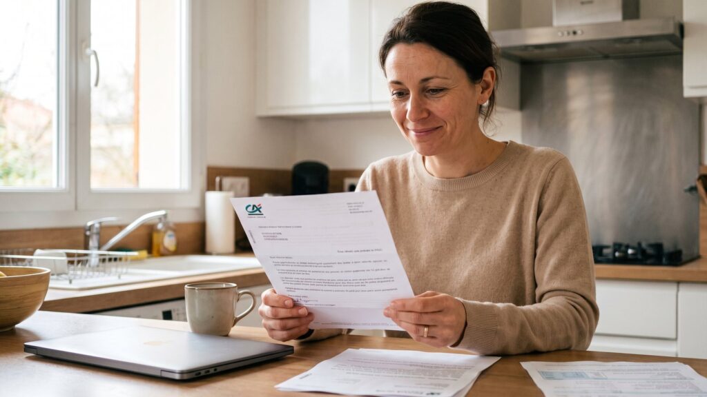 Propriétaire soulagée lisant la lettre de sa banque après avoir changé son assurance emprunteur
