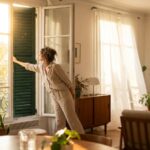 Femme fermant les volets exterieurs de son appartement pour se proteger de la chaleur