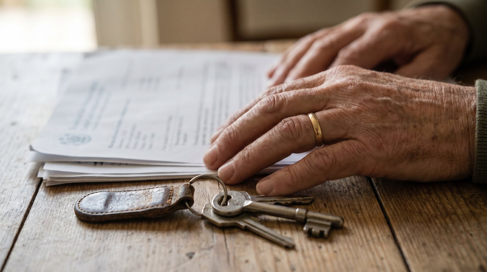 Mains âgées portant une alliance, posées sur des documents de succession et un trousseau de clés