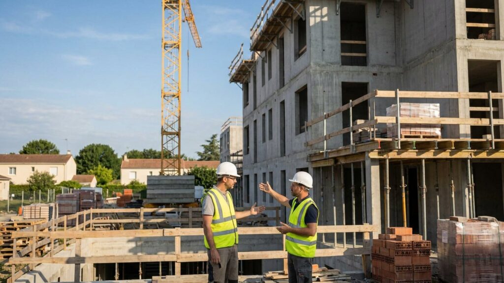 Deux ouvriers du batiment sur un chantier de construction de logements neufs en France, grue et immeuble en beton