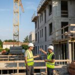 Deux ouvriers du batiment sur un chantier de construction de logements neufs en France, grue et immeuble en beton