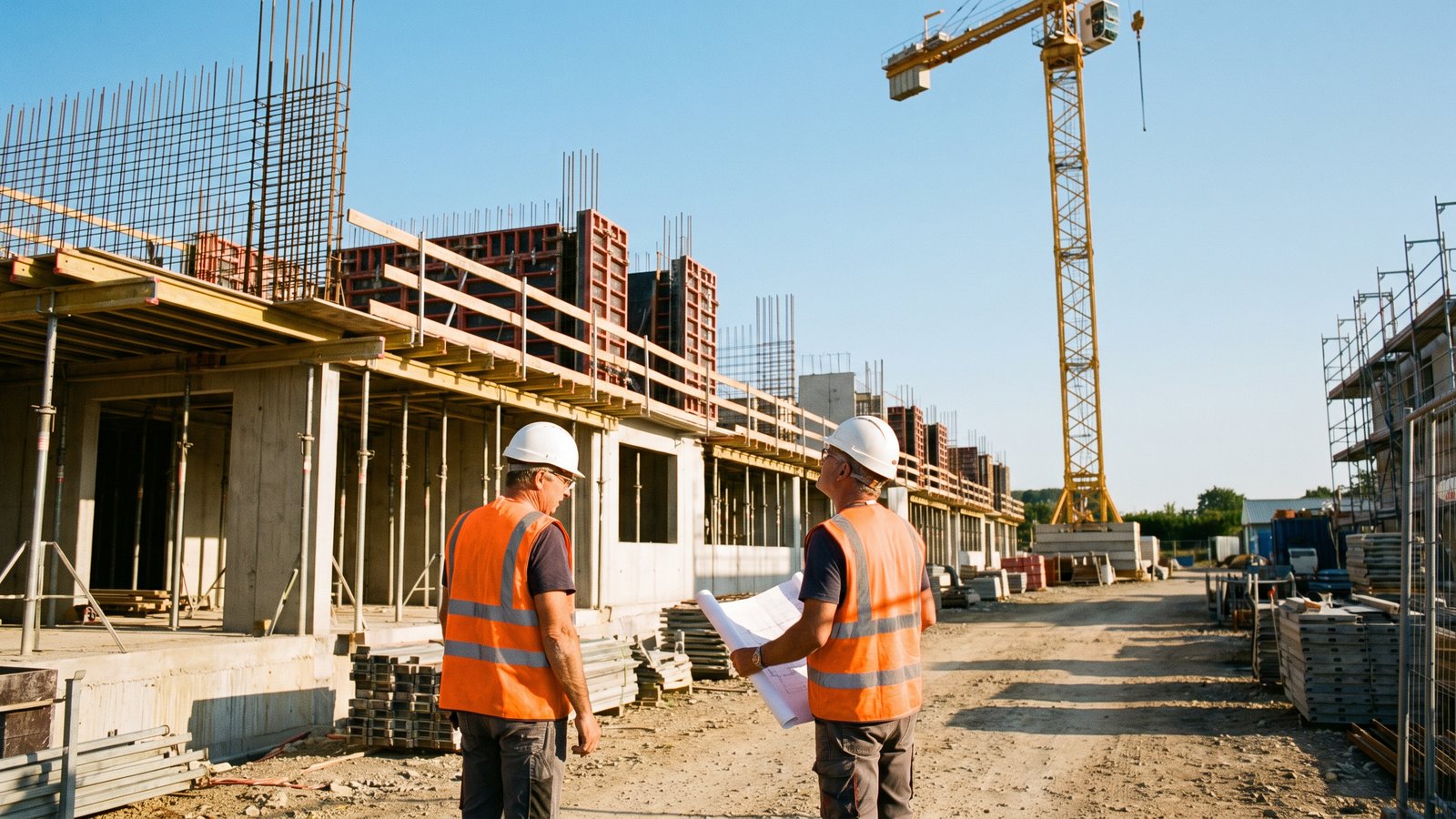 Chantier de construction d'un immeuble de logements neufs en France avec deux ouvriers et une grue