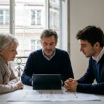 Réunion de copropriétaires étudiant un projet de rénovation énergétique, échafaudage de ravalement visible par la fenêtre