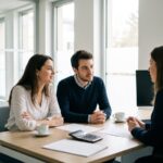 Jeune couple en rendez-vous avec une conseillère bancaire pour un projet de crédit immobilier
