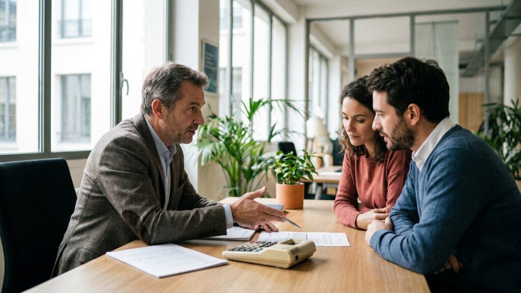 Conseiller bancaire recevant un couple pour un crédit immobilier à taux fixe dans une agence en France