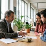 Conseiller bancaire recevant un couple pour un crédit immobilier à taux fixe dans une agence en France