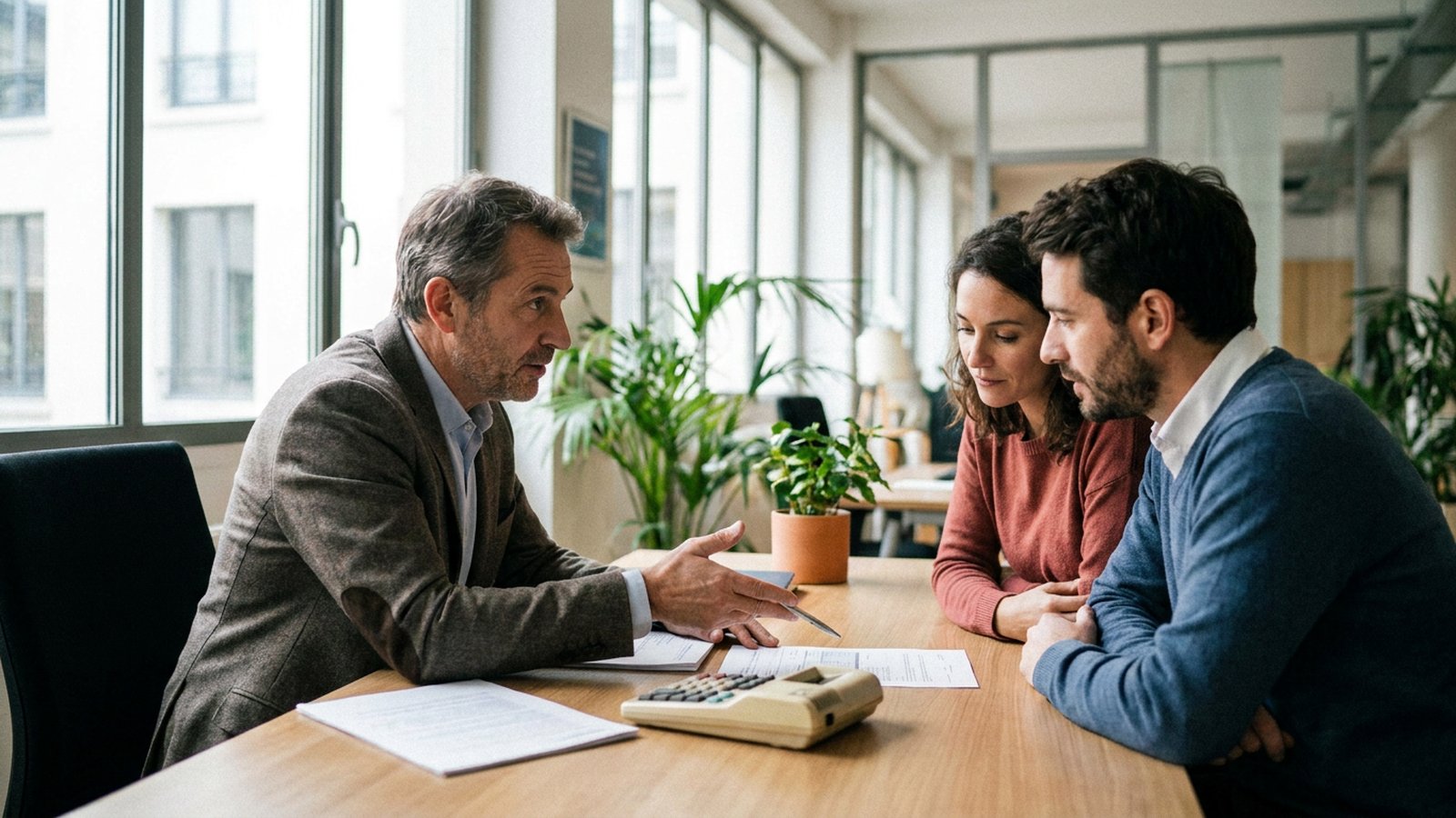 Conseiller bancaire recevant un couple pour un crédit immobilier à taux fixe dans une agence en France