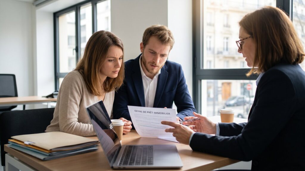 Jeune couple étudiant une offre de prêt immobilier avec un conseiller bancaire en juillet 2026