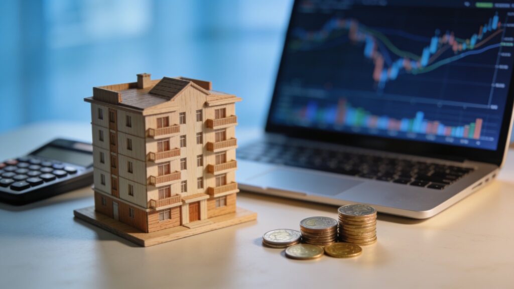 Maquette d immeuble, ordinateur avec graphiques financiers et pièces de monnaie, illustrant le crowdfunding immobilier