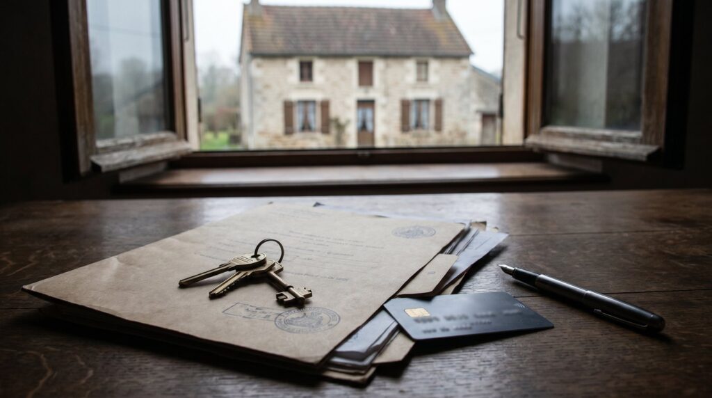Trousseau de clés posé sur des documents de succession devant une maison en pierre, carte bancaire et stylo