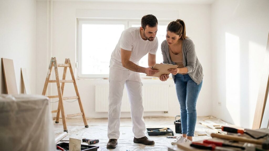 Un artisan et une proprietaire verifient ensemble un devis de travaux de renovation dans un logement