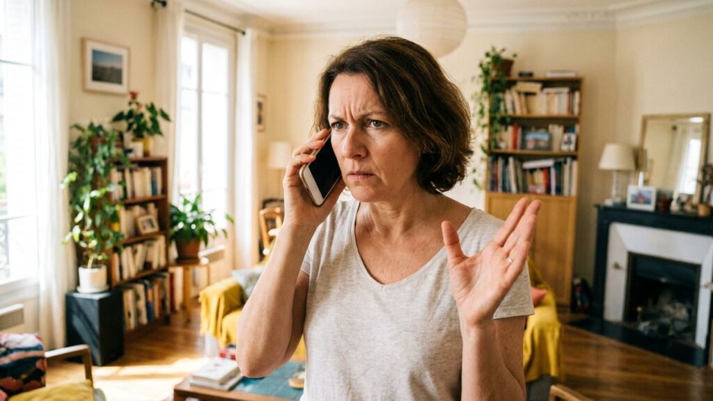 Femme agacée au téléphone dans son salon, dérangée par un appel de démarchage commercial non sollicité