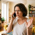 Femme agacée au téléphone dans son salon, dérangée par un appel de démarchage commercial non sollicité