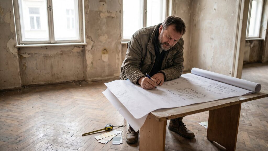 Investisseur examinant des plans de rénovation dans un ancien appartement à rénover pour un investissement locatif