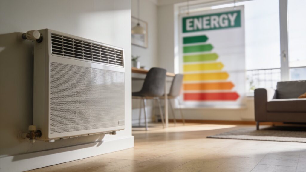 Intérieur avec radiateur électrique et étiquette énergie, illustrant le DPE 2026