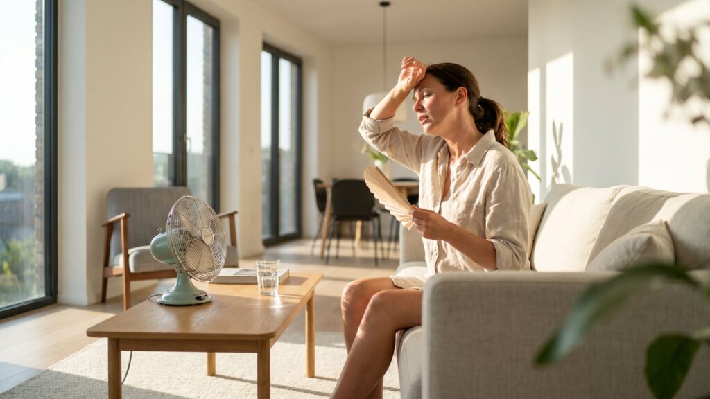 Femme incommodée par la chaleur dans un salon lumineux pendant une canicule, illustrant la surchauffe d'un logement bien classé au DPE