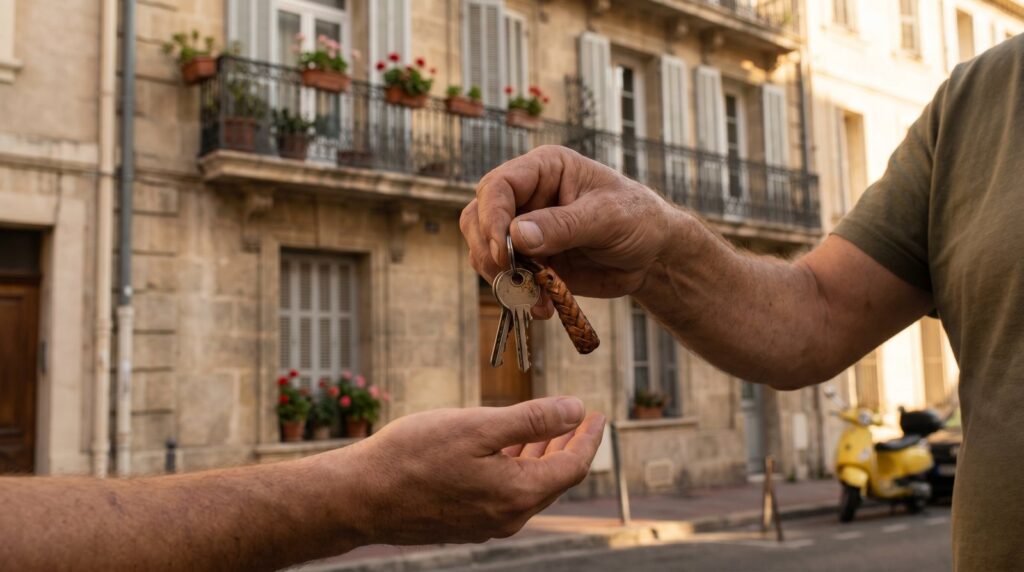 Remise de clés d'appartement devant un immeuble du sud de la France, rue ensoleillée