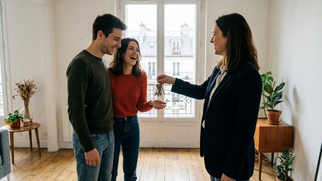 Un couple recoit les cles d'un appartement des mains d'une agente immobiliere, encadrement des loyers a la relocation