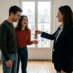 Un couple recoit les cles d'un appartement des mains d'une agente immobiliere, encadrement des loyers a la relocation