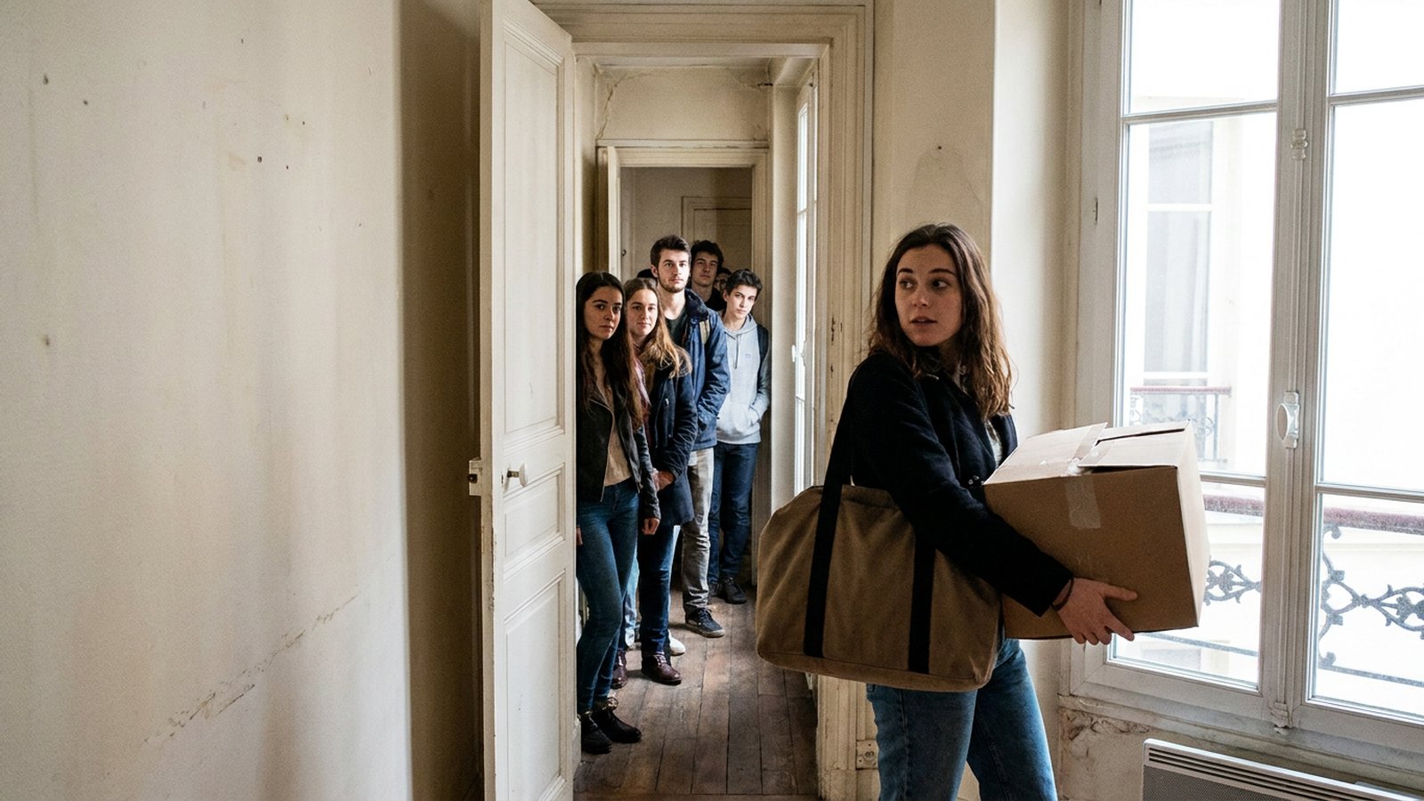 Une jeune femme visite un studio pendant qu'une file de candidats attend, illustrant la tension locative et l'encadrement des loyers