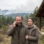 Un couple devant sa maison en zone forestiere avec un panache de fumee d incendie a l horizon