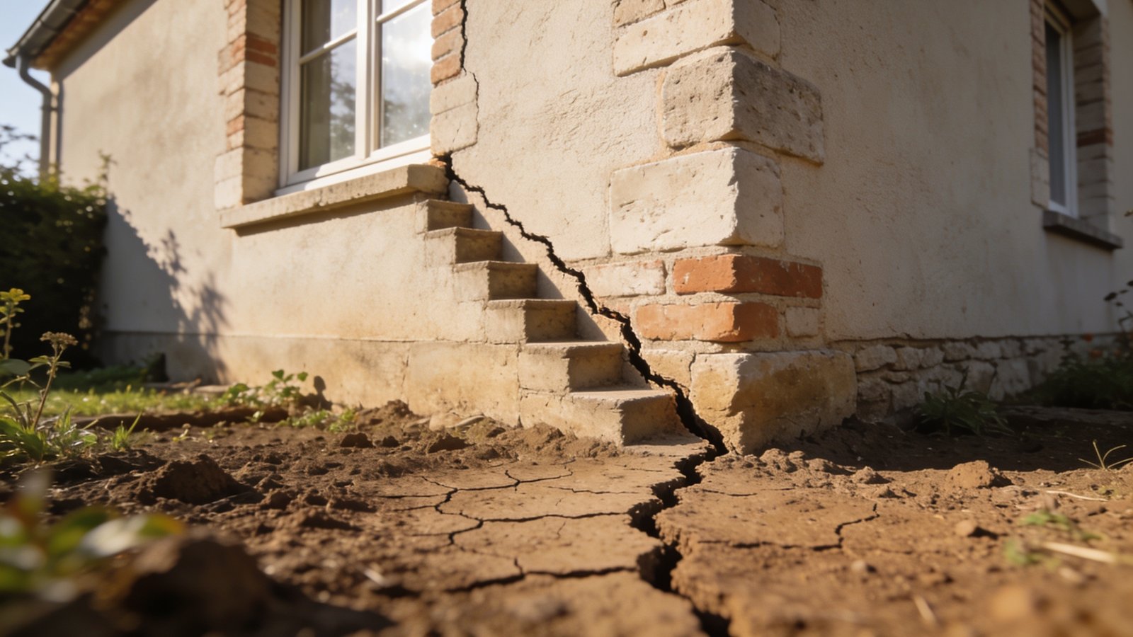 Fissure en escalier sur le mur d une maison et terre argileuse craquelee