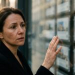 Conseillère immobilière soucieuse devant la vitrine d'une agence, illustrant l'alerte de la FNAIM sur le marché immobilier en 2026