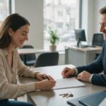 Une locataire signe un bail immobilier face a un agent dans une agence