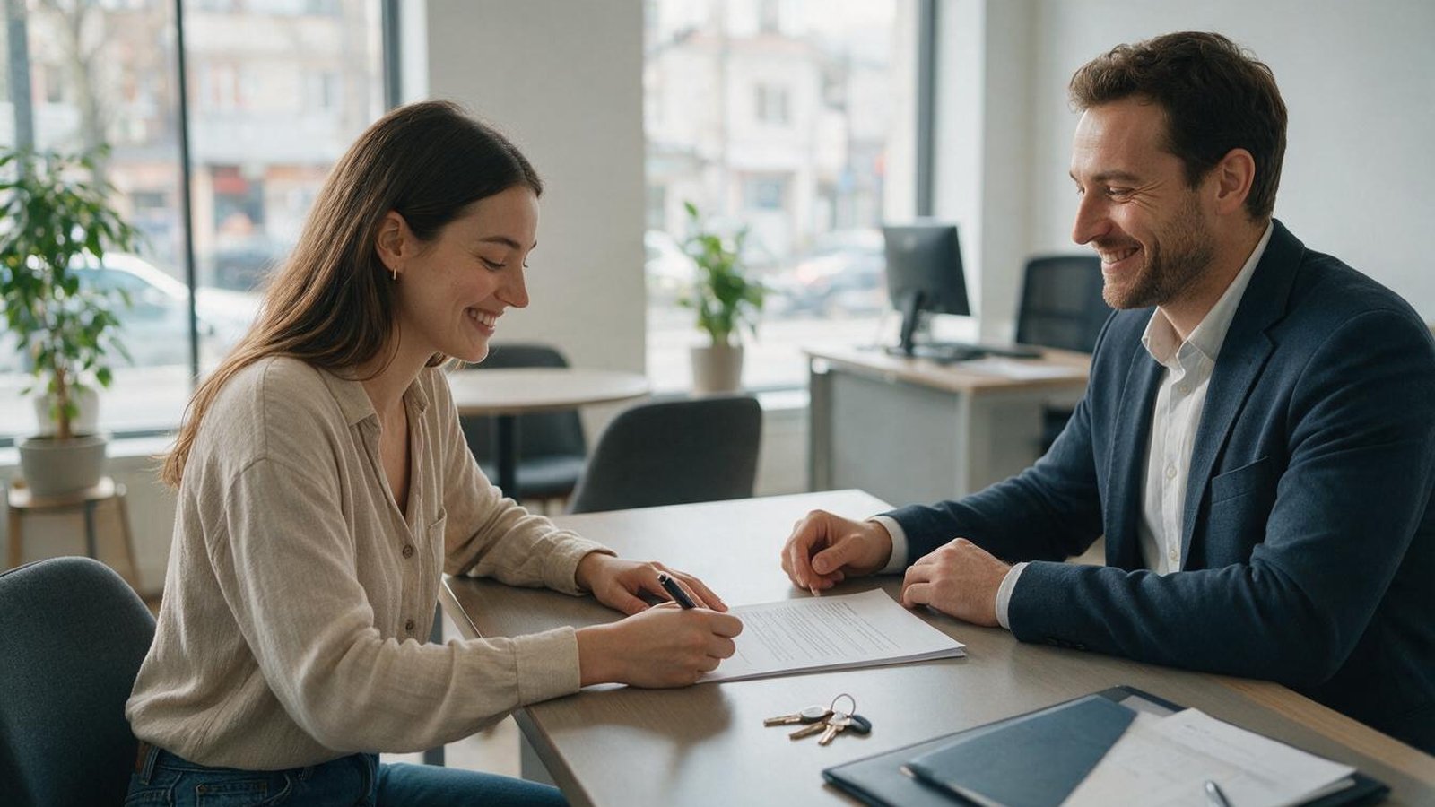 Une locataire signe un bail immobilier face a un agent dans une agence
