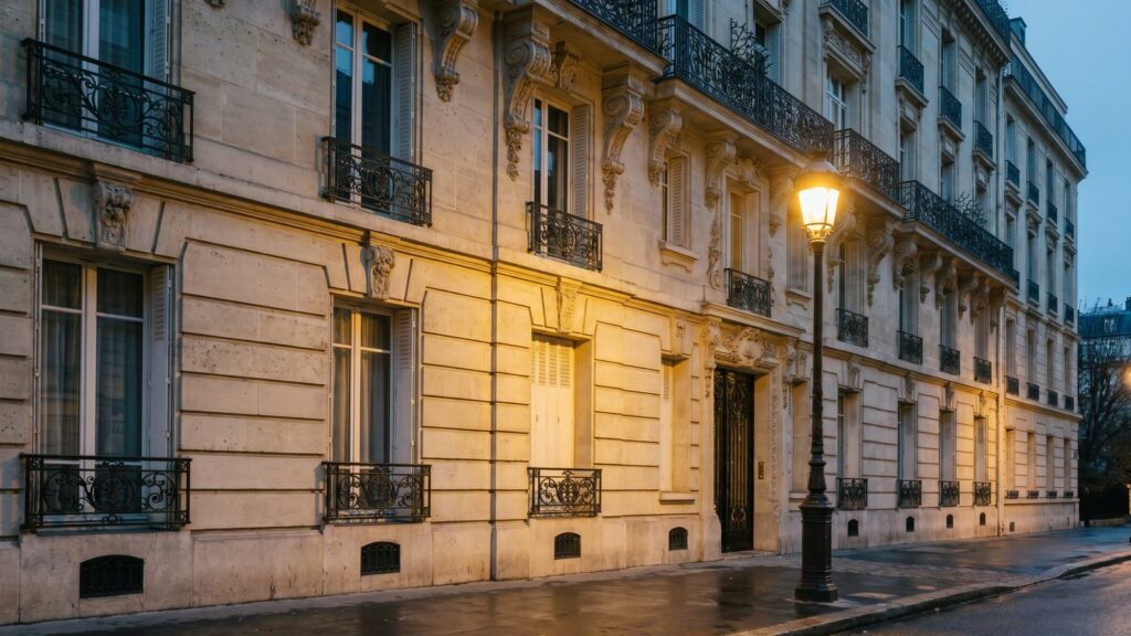 Façade d'un immeuble haussmannien parisien au crépuscule, illustrant un litige sur la vente d'un appartement