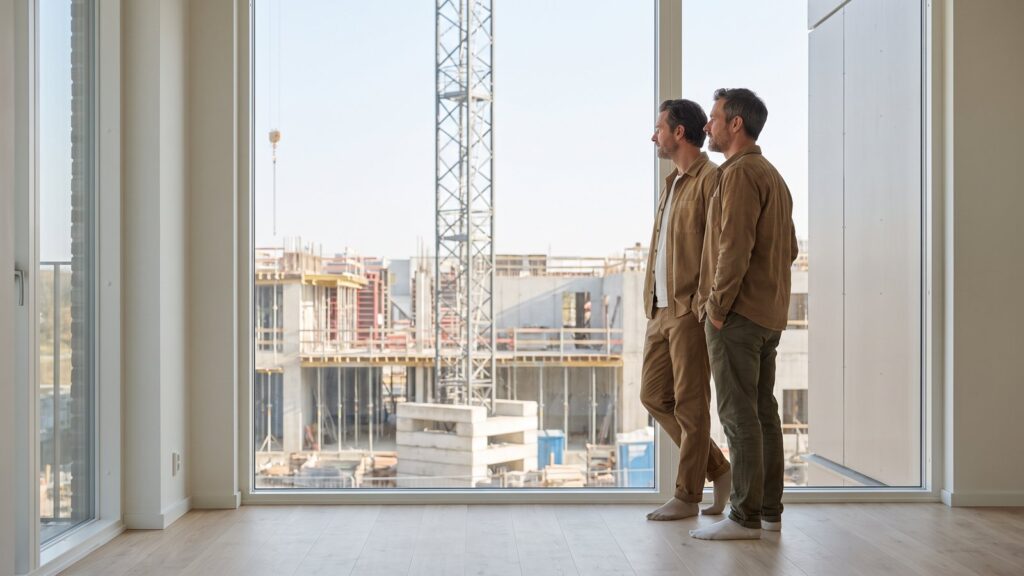 Un couple visite un appartement neuf avec vue sur un chantier de construction et une grue