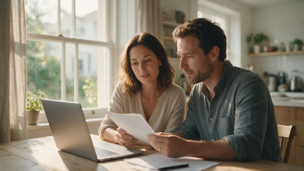 Un couple examine ses documents d'épargne sur un ordinateur portable dans sa cuisine