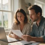 Un couple examine ses documents d'épargne sur un ordinateur portable dans sa cuisine
