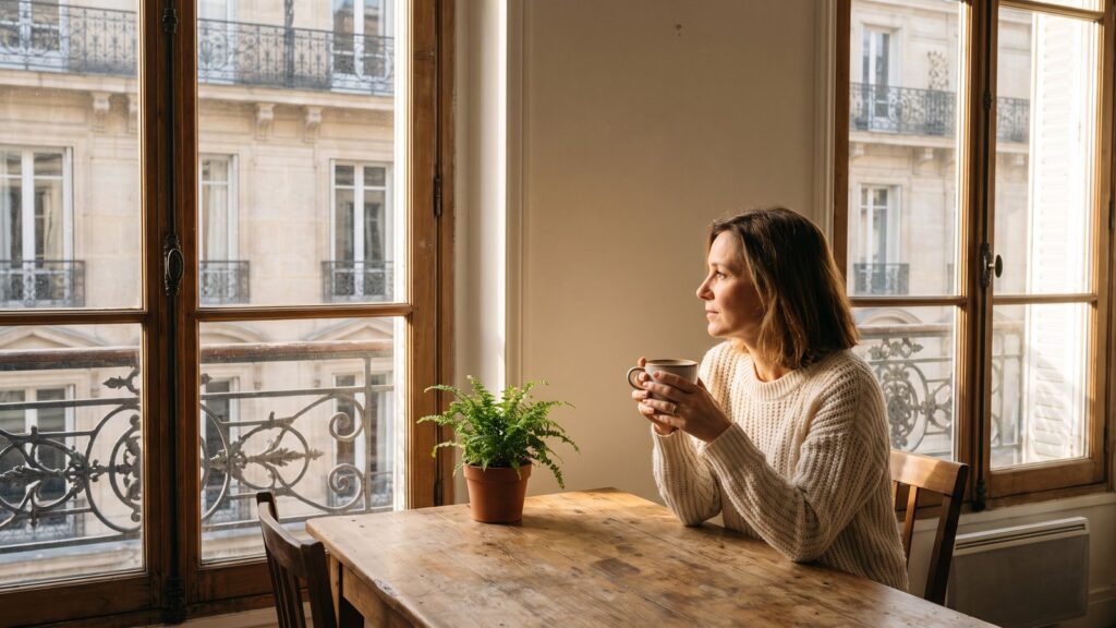 Une femme pensive avec une tasse de cafe devant une fenetre d'immeuble haussmannien