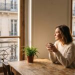 Une femme pensive avec une tasse de cafe devant une fenetre d'immeuble haussmannien