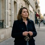 Une propriétaire tient un trousseau de clés devant un immeuble haussmannien parisien aux volets fermés, illustrant la taxe sur les logements vacants à Paris