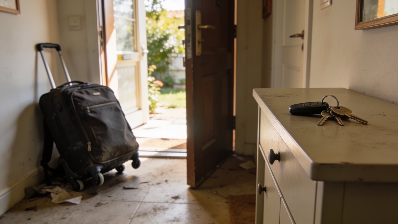 Valise et cles dans l entree d un meuble de tourisme en fin de sejour