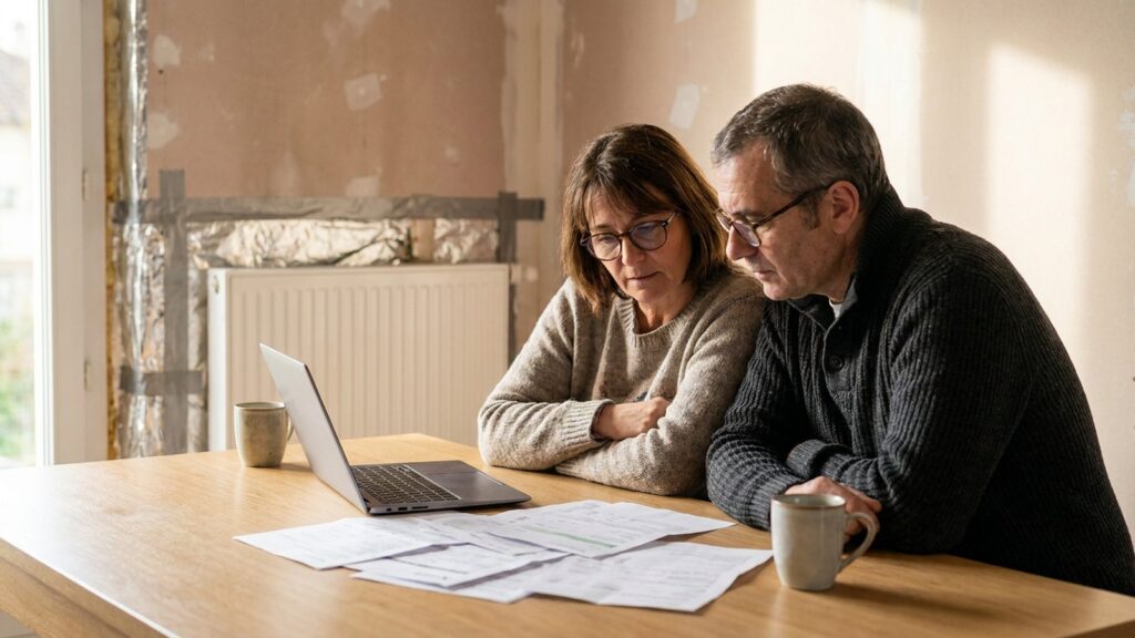 Un couple consulte des documents de renovation et un ordinateur devant un radiateur, aide MaPrimeRenov