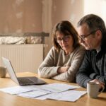 Un couple consulte des documents de renovation et un ordinateur devant un radiateur, aide MaPrimeRenov