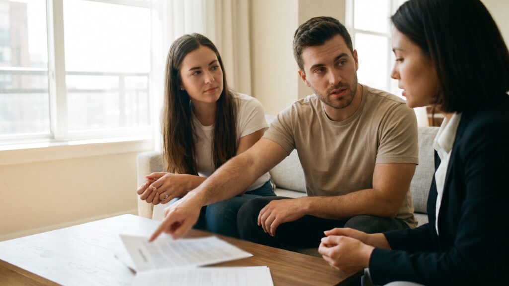Couple d'acheteurs négociant le prix d'un logement avec une agente immobilière, retour de la négociation en 2026