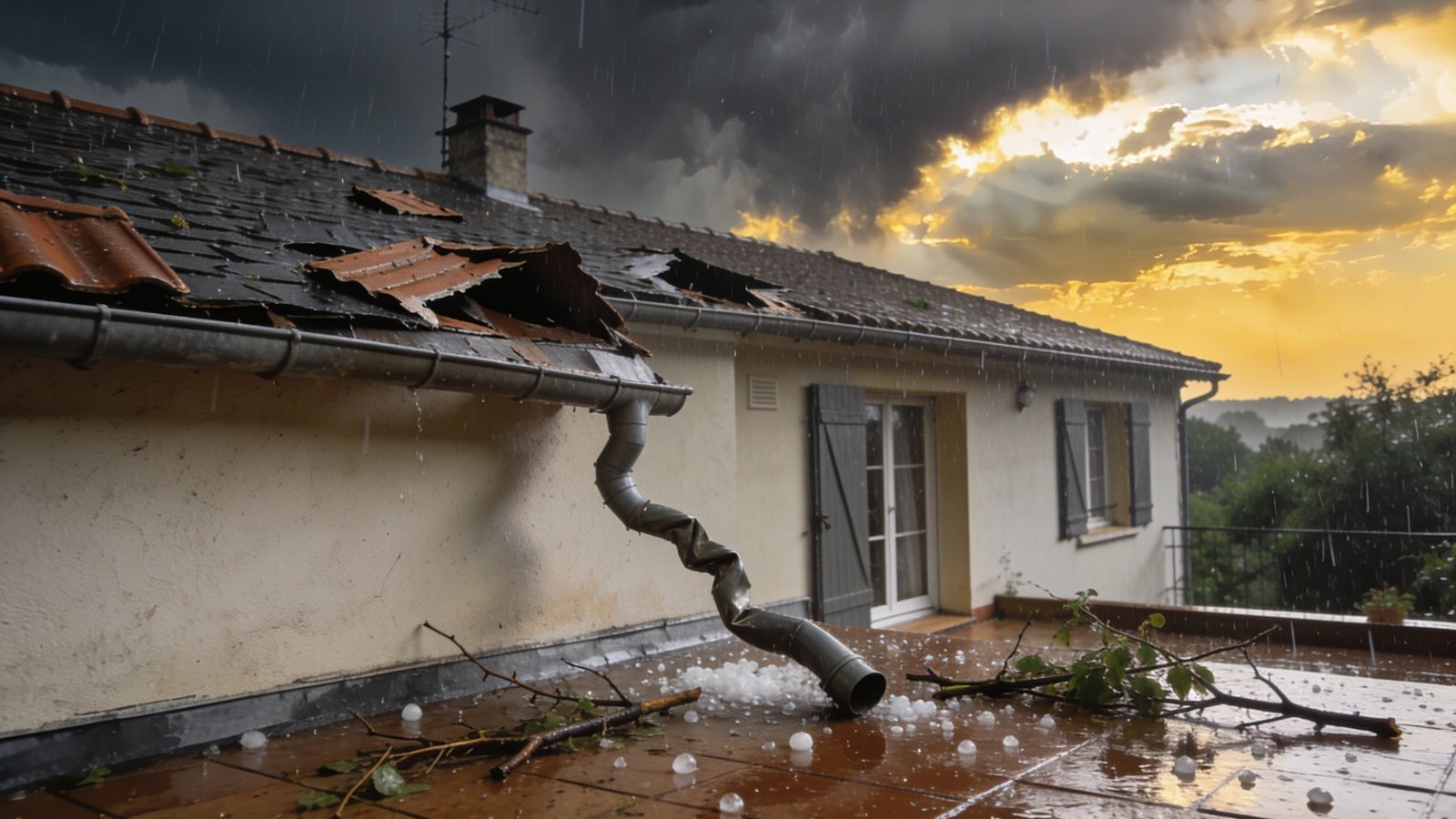 Maison endommagee apres un violent orage, tuiles arrachees et grelons au sol