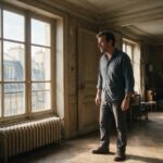 Un homme observe un appartement ancien à rénover, avec un vieux radiateur sous la fenêtre