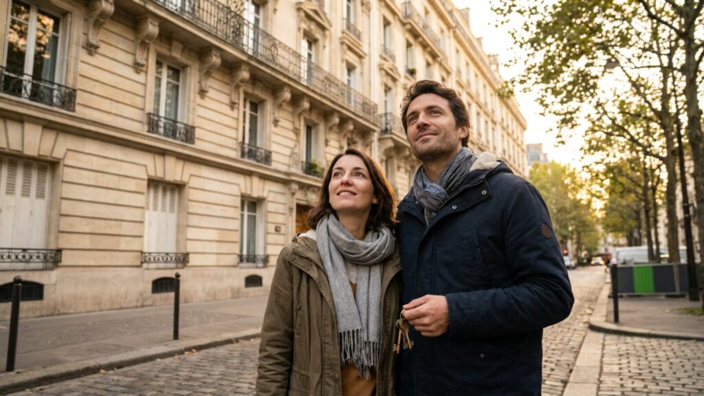 Couple devant un immeuble ancien parisien, clés en main, sur le marché immobilier