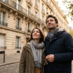 Couple devant un immeuble ancien parisien, clés en main, sur le marché immobilier