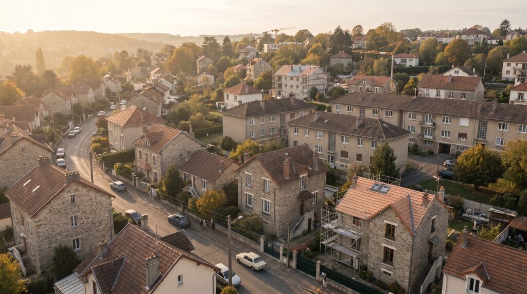 Vue aérienne d'un quartier résidentiel français au coucher du soleil, maisons et petits immeubles